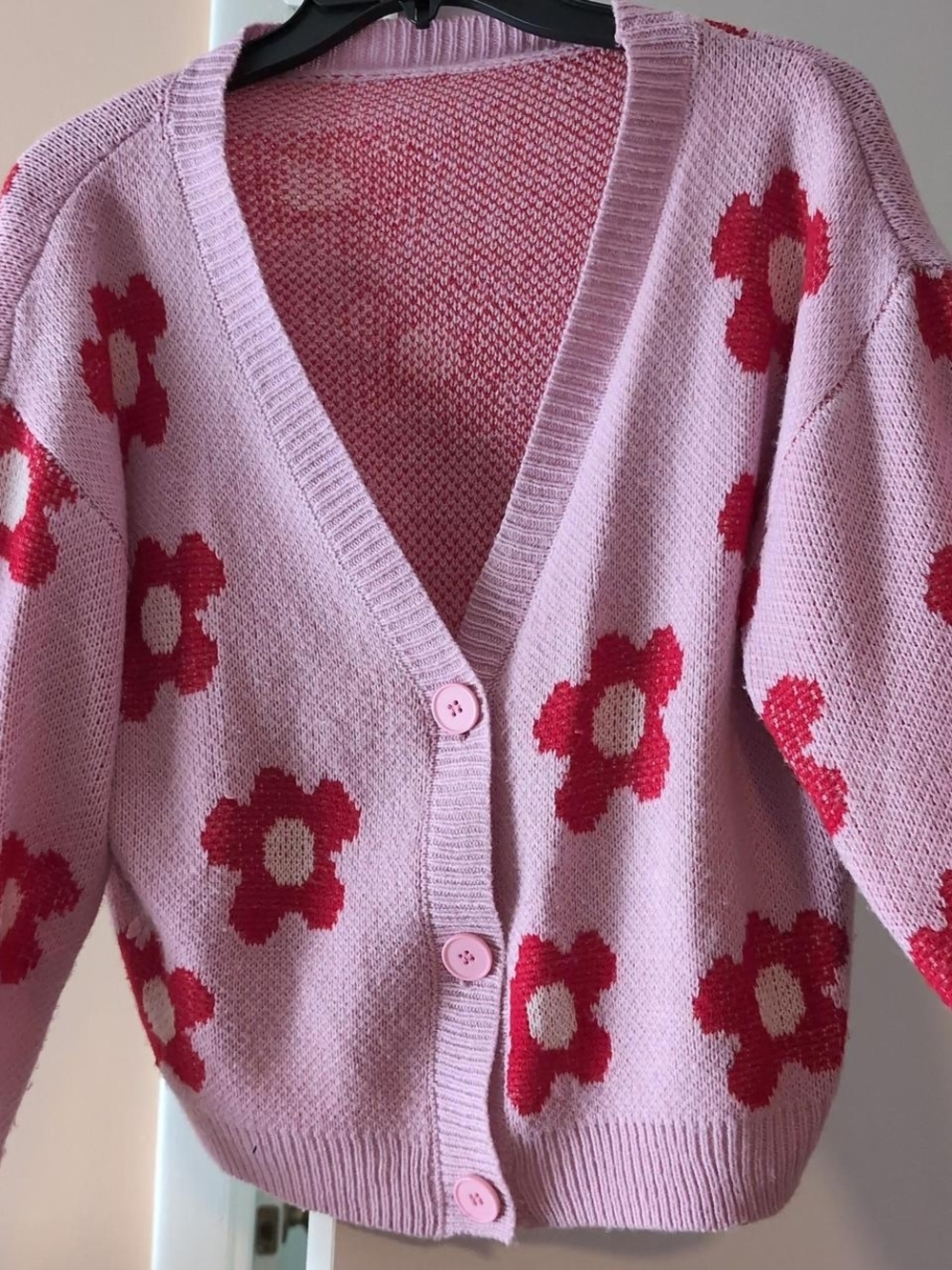 SHEIN Pink Floral Button-Up Cardigan with Red Flowers